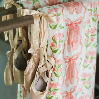 Pippi Post - Pink Ballet Slippers & Florals Fleece Throw Blanket