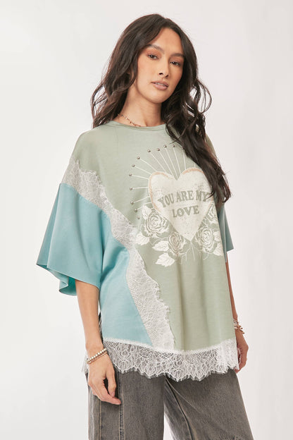 PLUS YOU ARE MY LOVE PRINT LACE SHORT SLEEVE TOP