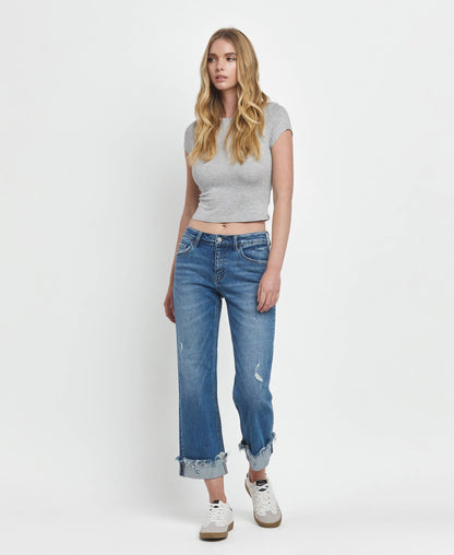 MID RISE RAW CUFFED HEM SLIM WIDE JEANS