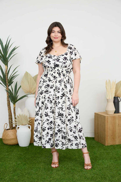 Blu Pepper - PLUS FLORAL SCOOP NECK FLOUNCE SLEEVE MIDI DRESS