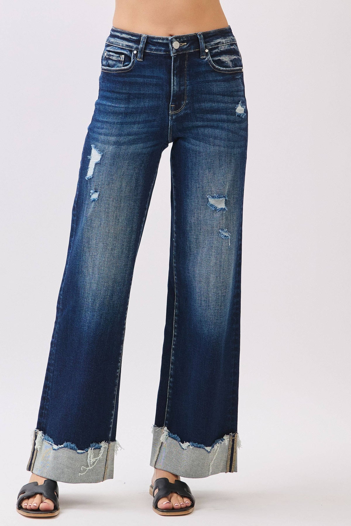 Petra153 - P1554W-DK HIGH RISE STRETCH WIDE LEG W/ CUFFED HEM JEANS