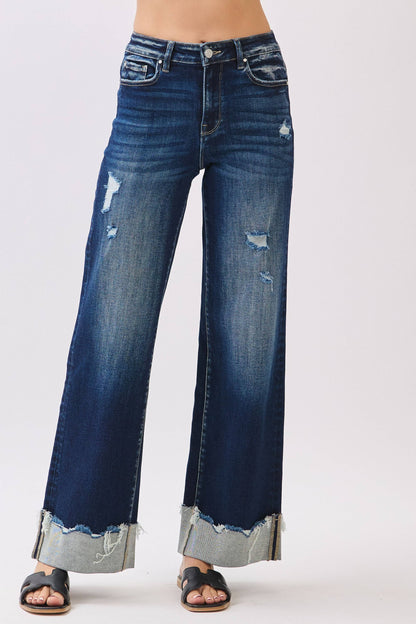 Petra153 - P1554W-DK HIGH RISE STRETCH WIDE LEG W/ CUFFED HEM JEANS