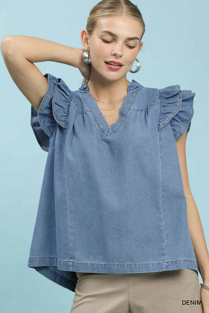 Chambray Ruffle Top