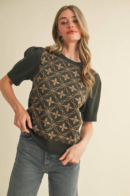 SHORT PUFF SLEEVE EMBROIDERY FRONT SWEATER