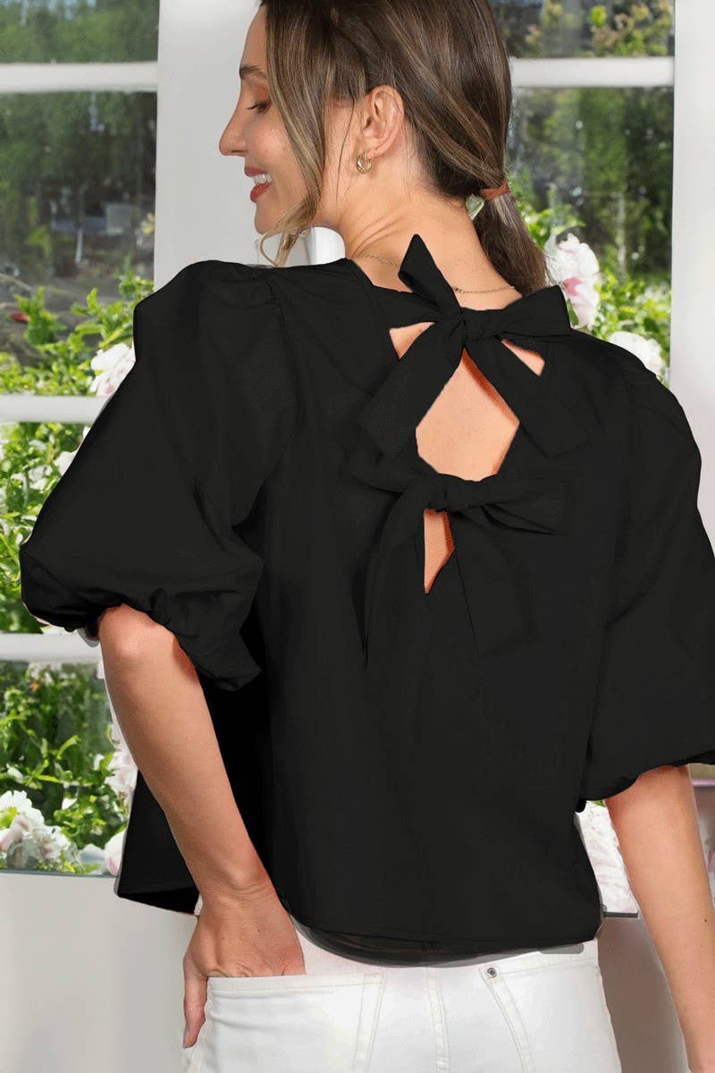 Vine & Love - Bubble Sleeve V-Back 2 Bow Detail Blouse Top VT82621
