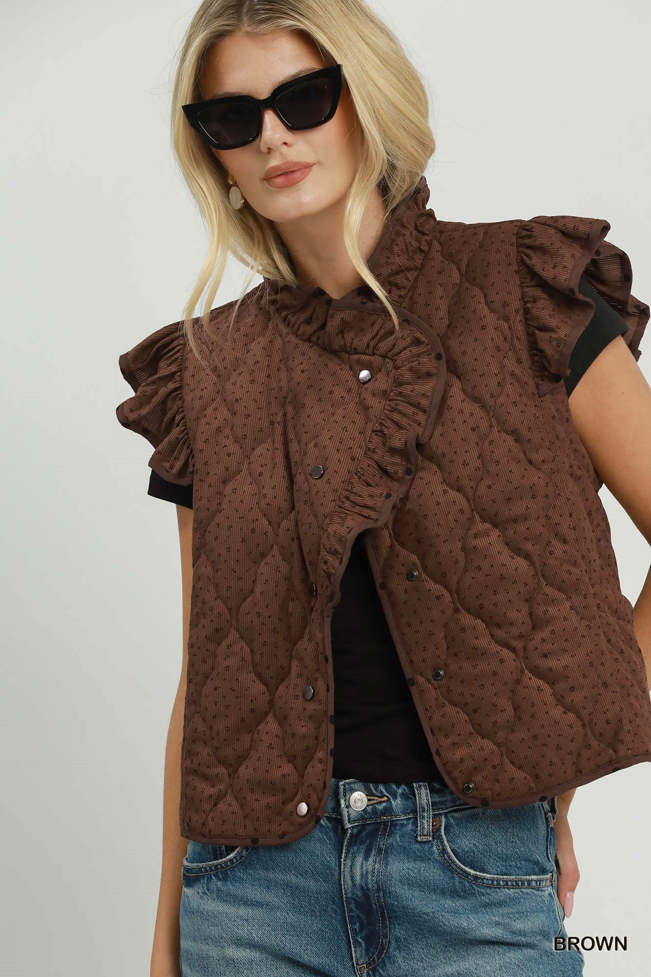 Reversible Mix Polka Dot Quilted Ruffle Trim Vest