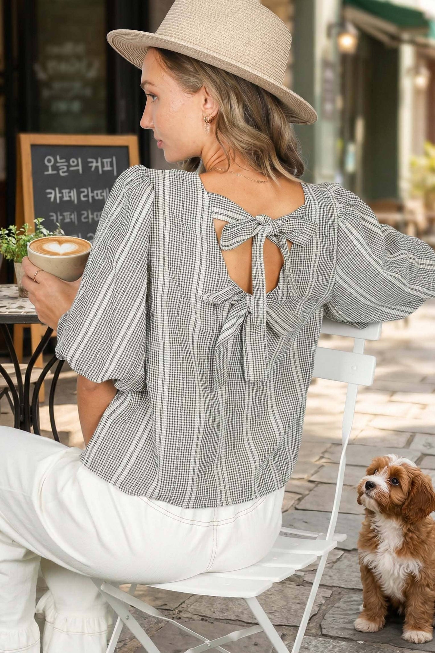 V-Back 2 Bow Accent Feminine Plaid Blouse Top