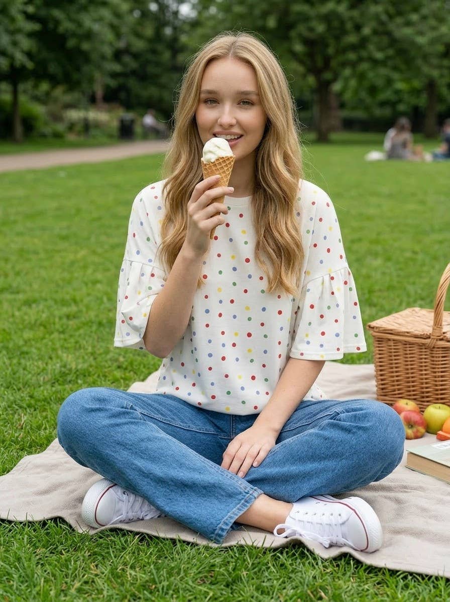 Vine & Love - Colorful Polka Dot Short Ruffle Sleeve Knit Top VT82765A