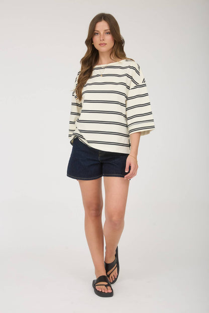 STRIPE RAW EDGE CUFF SLEEVE OVERSIZED KNIT TOP