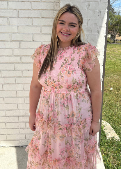 PLUS FLORAL TULLE PATTERN SMOCKED MIDI DRESS