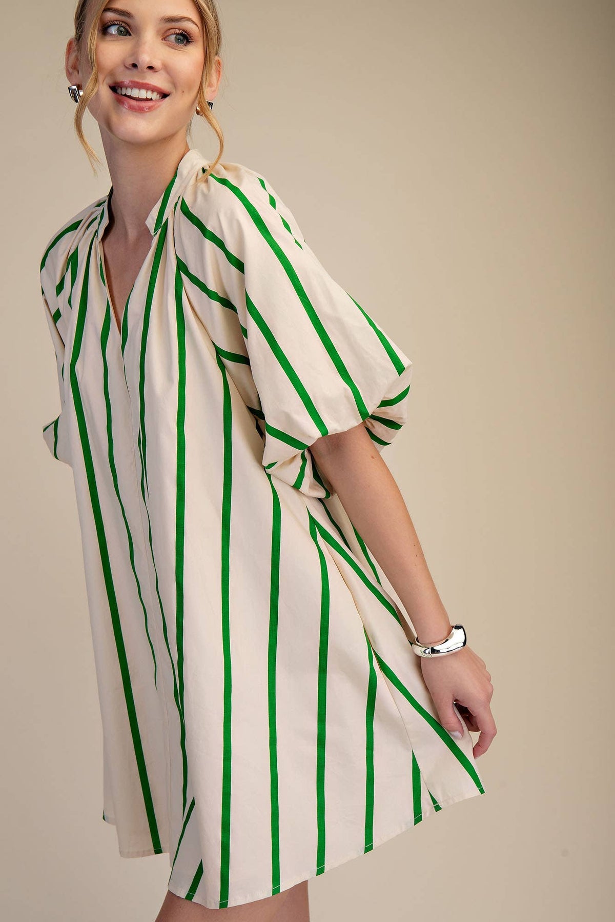 Glam - Puff-Sleeve Stripe Mini Shift Dress