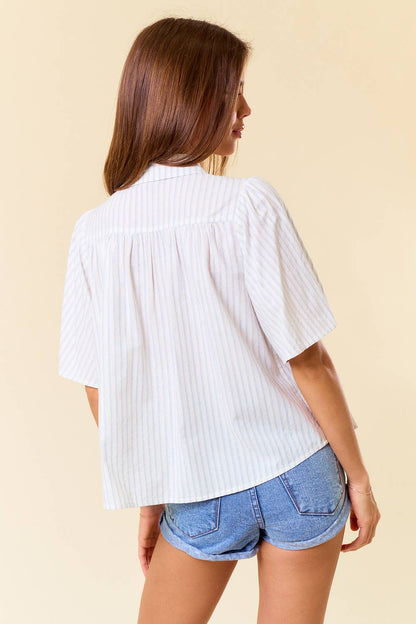 Stripe Short Sleeve Flowy Button-Down Shirt