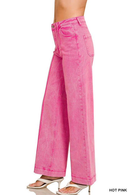 42POPS -  High Rise Wide Leg Pintuck Color Denim Pants