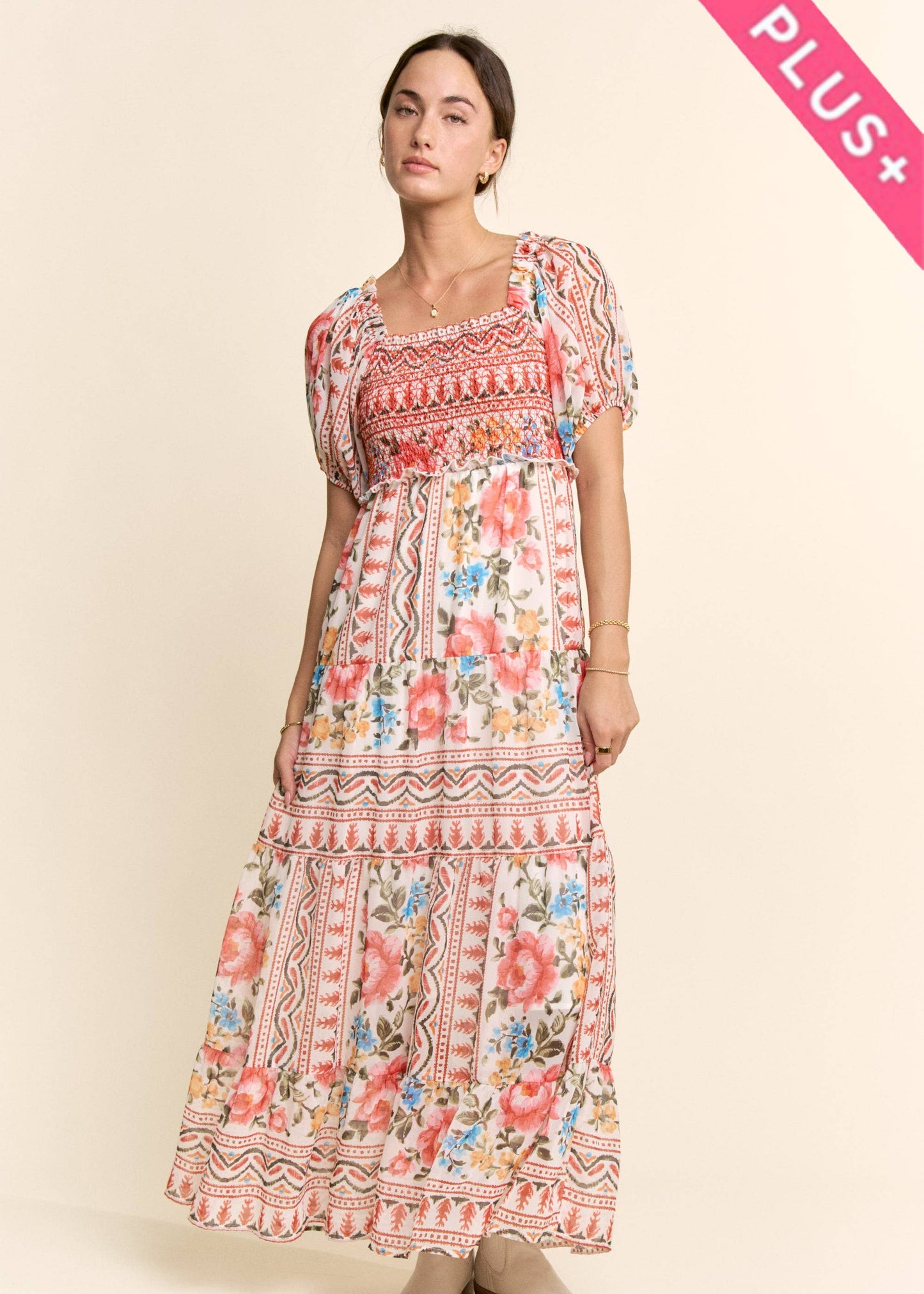 Davi & Dani - PLUS FLOWER PRINTED CHIFFON MAXI DRESS