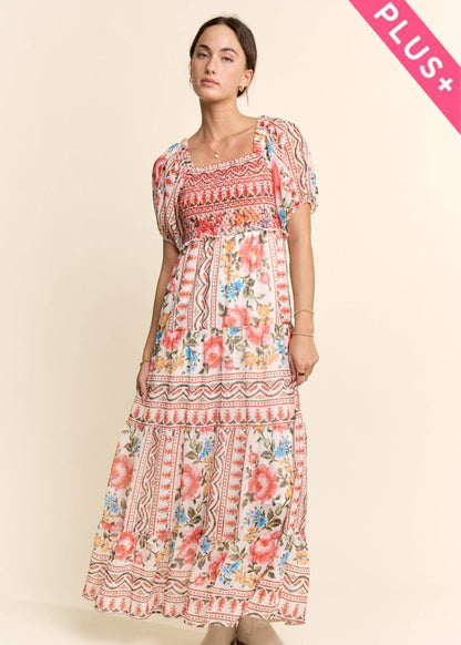 Davi & Dani - PLUS FLOWER PRINTED CHIFFON MAXI DRESS
