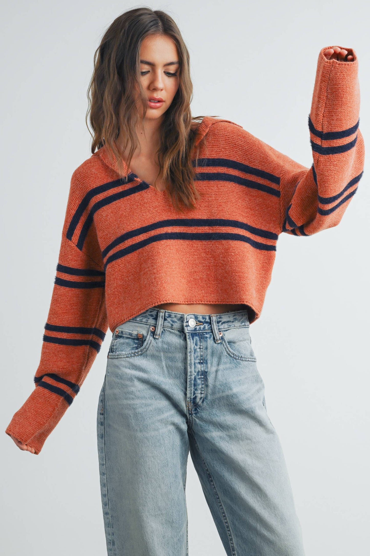BUTTERMELON - Stripe Crop Collar Sweater Top - BMW7393