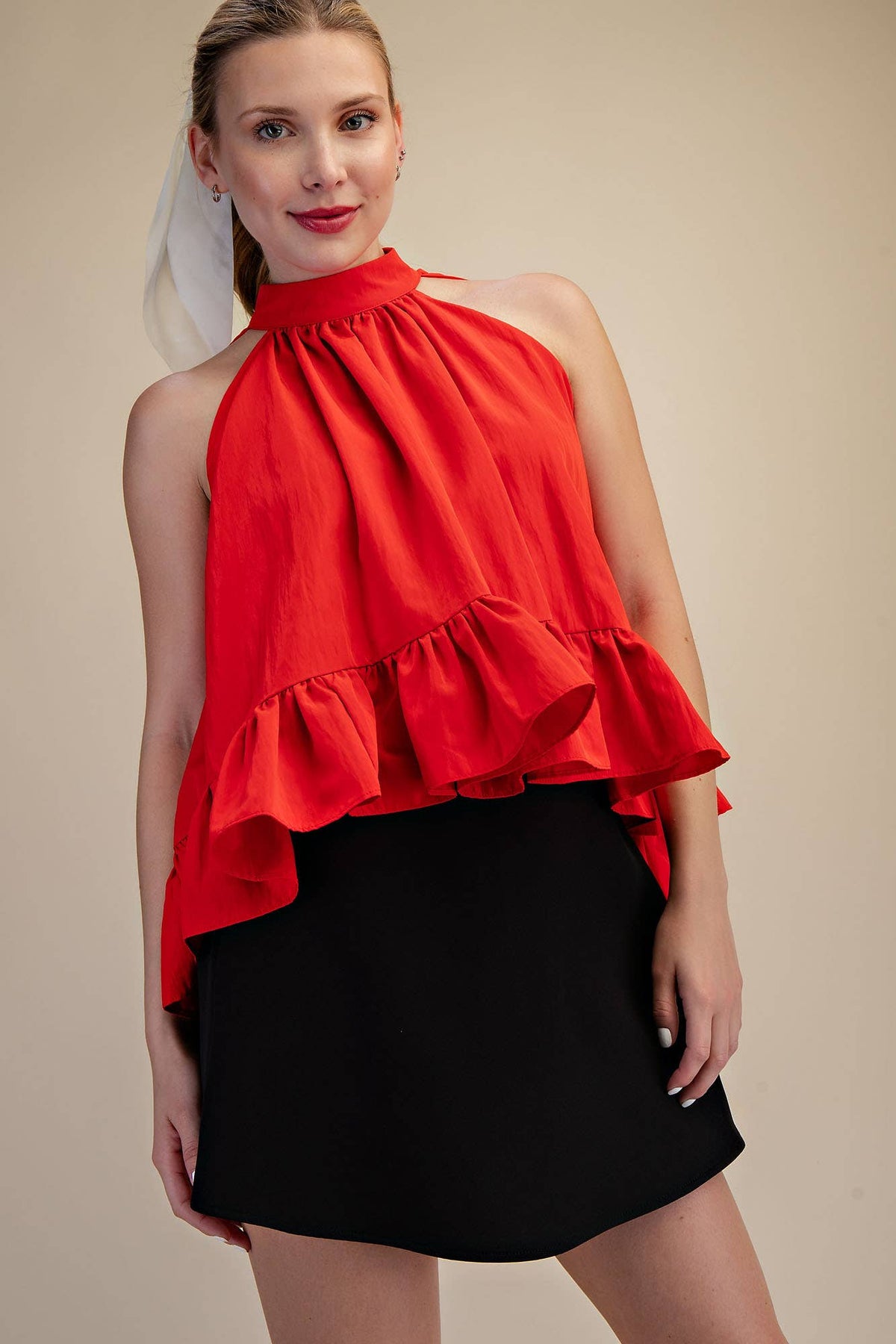 Glam - Halter Neck Sleeveless Back Neck Tie Ruffle Top
