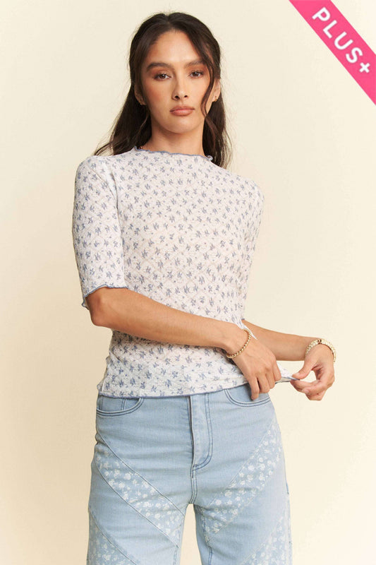 Davi & Dani - PLUS LACE STRETCH FLORAL MARROW EDGE KNIT TOP