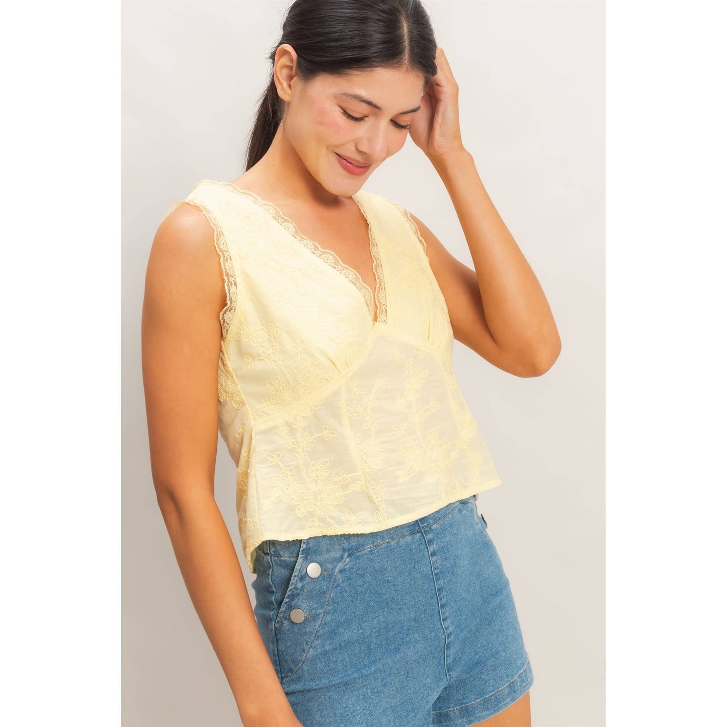 HYFVE - V-Neck Floral Lace Trim Top