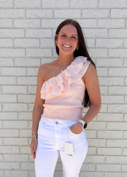 Blush One-Sleeved Ruffle Top