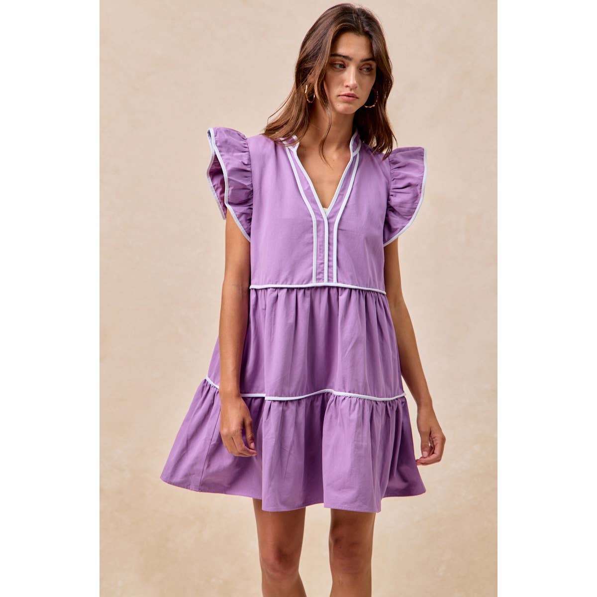 Contrast binding ruffled dress