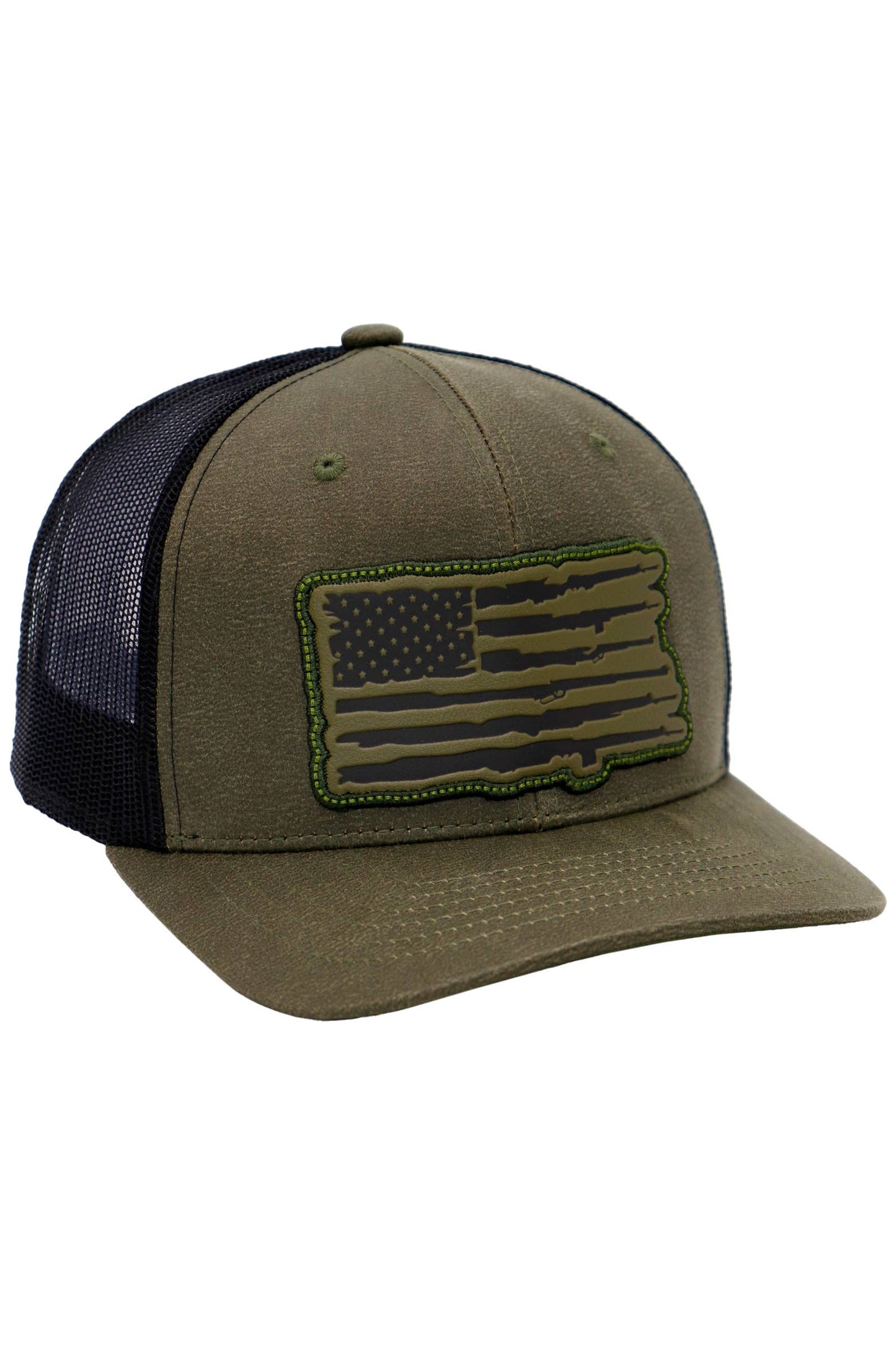 Cap Zone - Rifle American Flag Oiled Faux Leather Trucker Hat