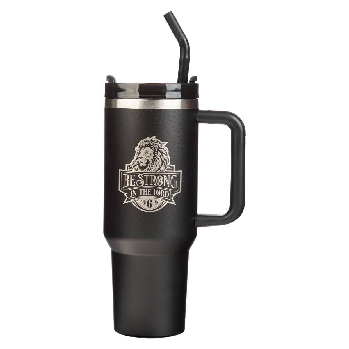 Christian Art Gifts - Tumbler w/straw SS Black Eph. 6:10