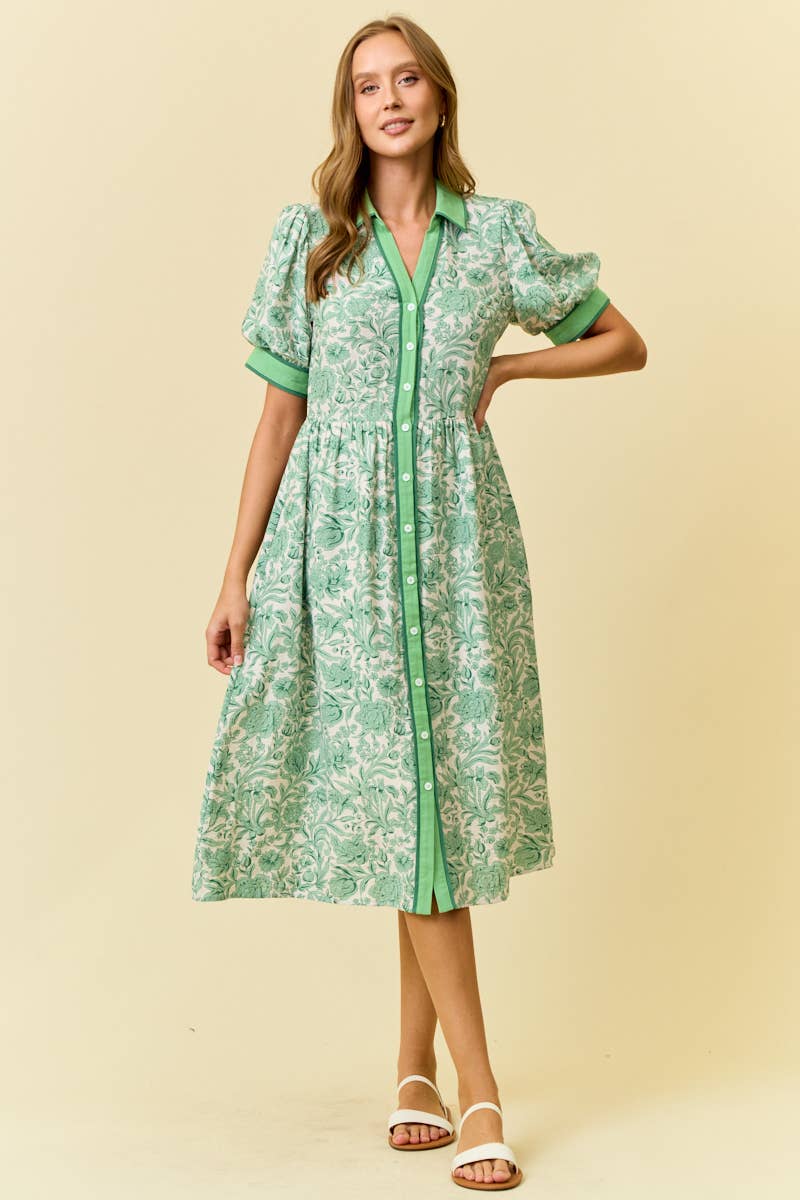 Doe and Rae - FLORAL PRINTED MIDI SHIRT DRESS W/ SIDE POCKET - 28218D