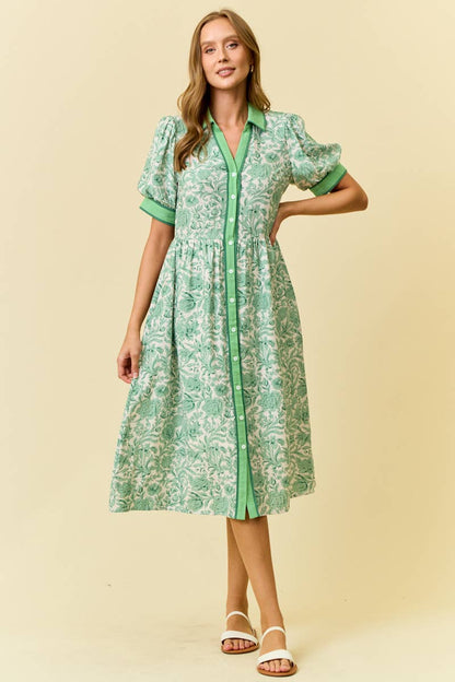 Doe and Rae - FLORAL PRINTED MIDI SHIRT DRESS W/ SIDE POCKET - 28218D