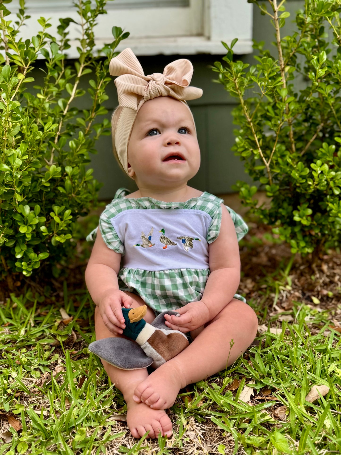 The Shimmer Shack Baby Girl Duck Check Romper