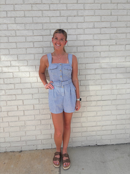 BELTED WAIST BUTTON CLOSURE SLEEVELESS ROMPER