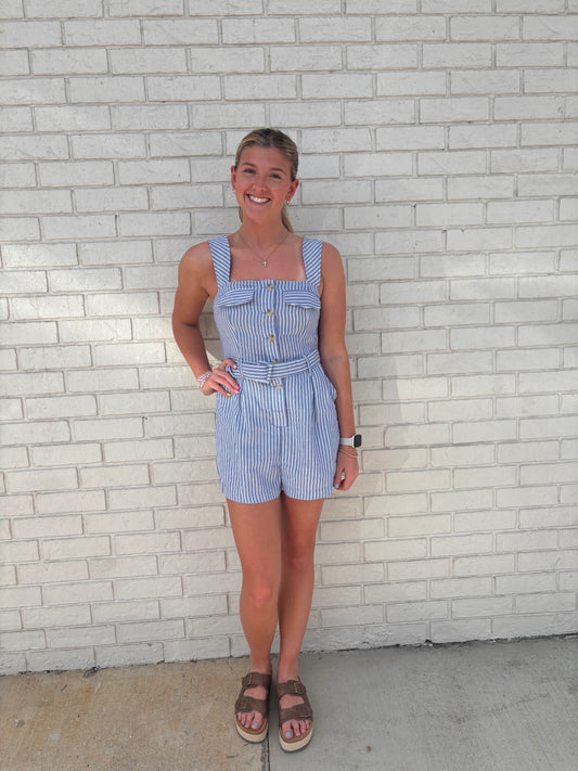 BELTED WAIST BUTTON CLOSURE SLEEVELESS ROMPER