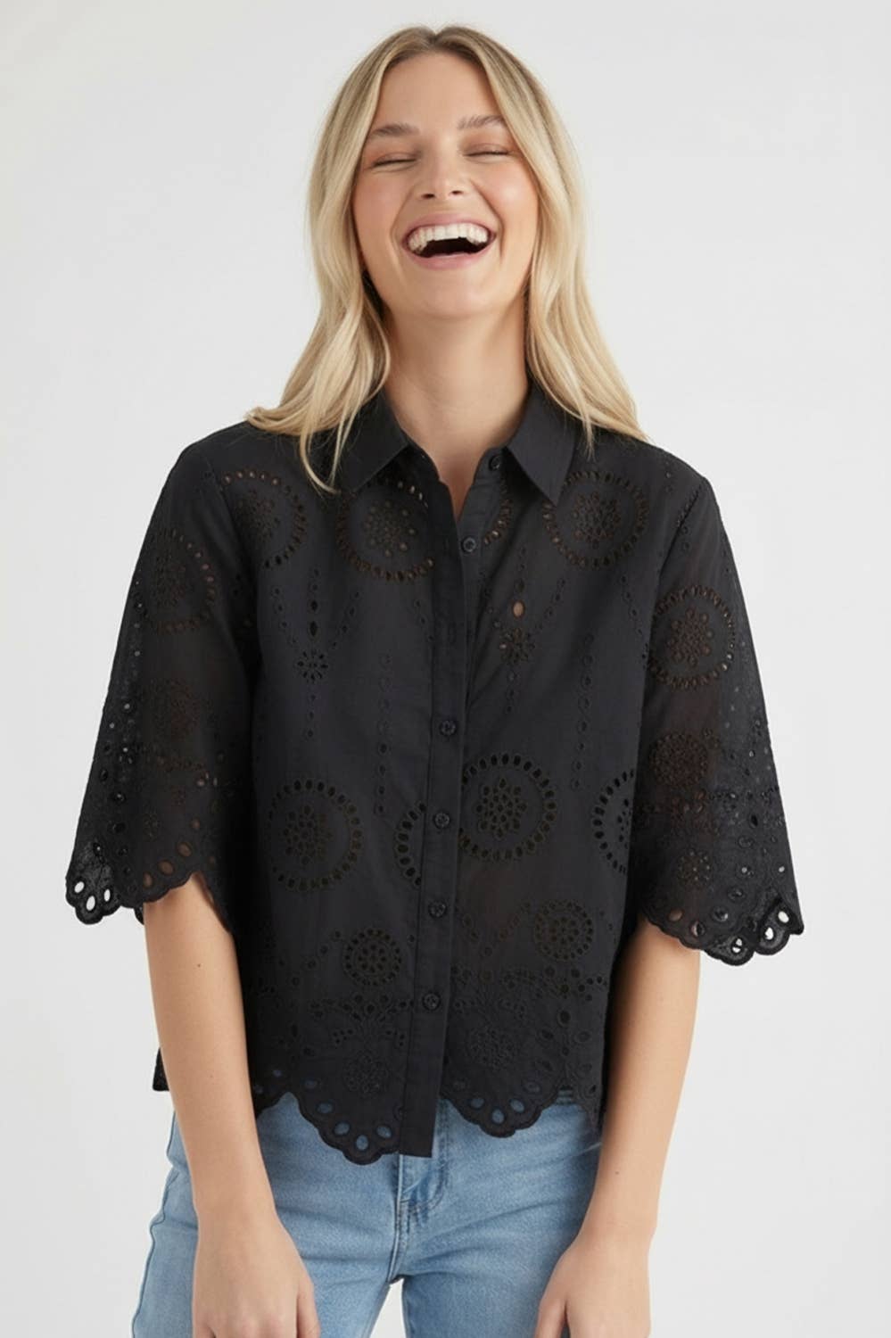 Kori America - BUTTON DOWN EYELET LACE SHIRTS BLOUSE
