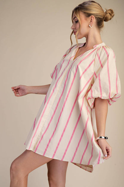 Glam - Puff-Sleeve Stripe Mini Shift Dress
