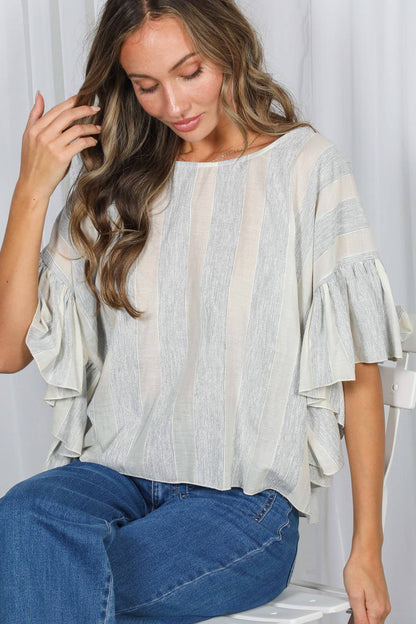 Wild Ruffle Embellished Sleeve Flowy Striped Top