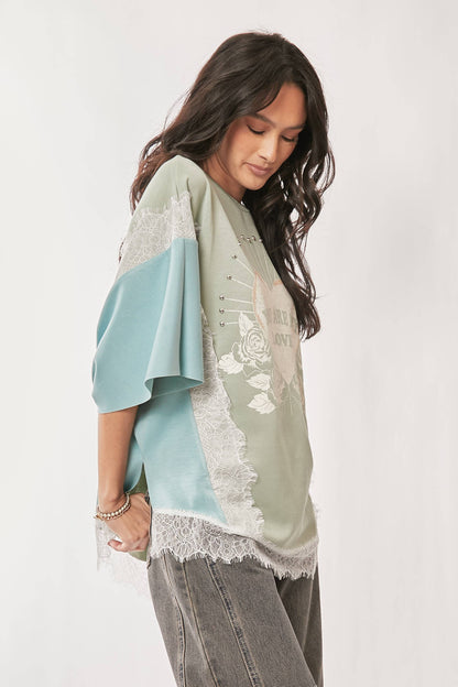 PLUS YOU ARE MY LOVE PRINT LACE SHORT SLEEVE TOP