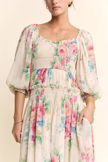 Davi & Dani - FLOWER PRINTED CHIFFON MAXI DRESS