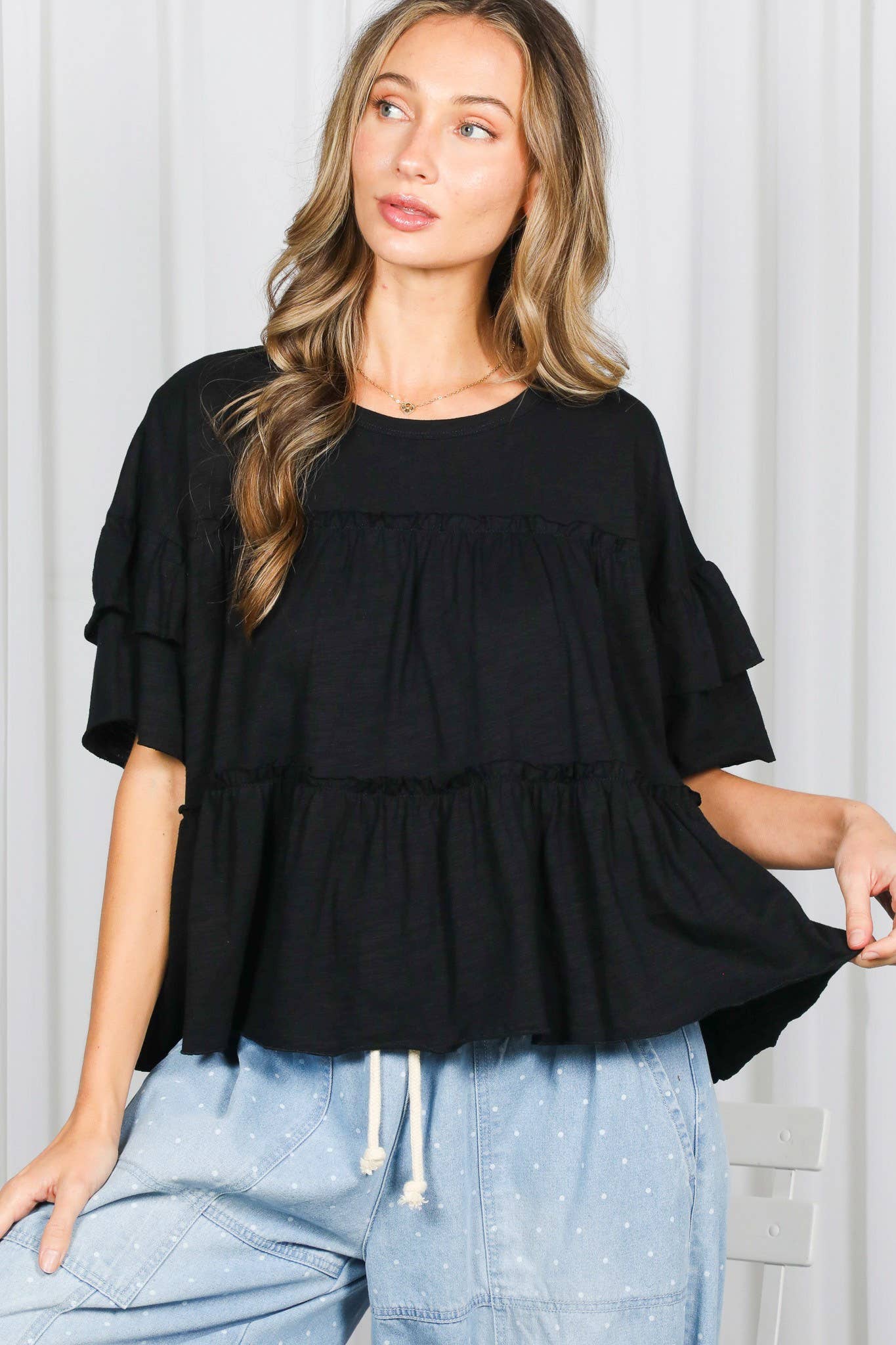 Vine & Love - Ruffle Tired Crew Neck 100%Cotton Top VT83163