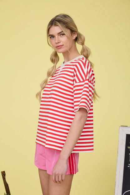 STRIPE COLORBLOCK DETAIL SHORT SLEEVE KNIT T-SHIRT