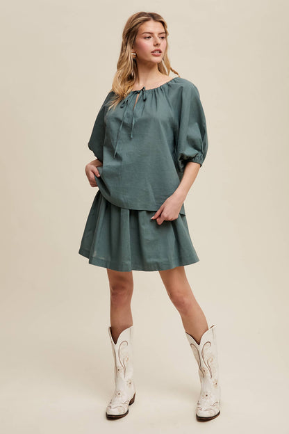 Listicle - Linen Puff Sleeve Blouse & Pleated Skirt Set