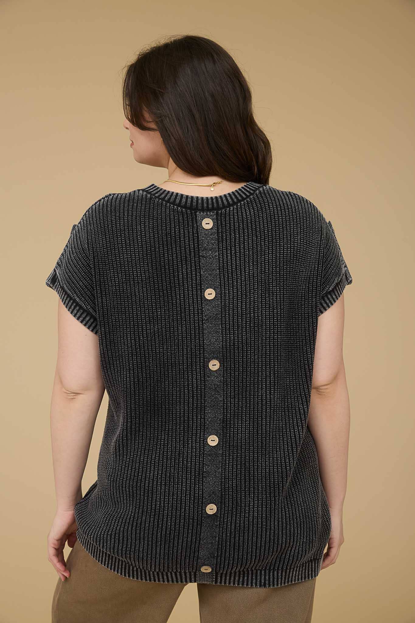 WASHED KNIT SHORT TAB SLEEVE PULLOVER SWEATER