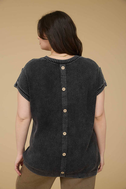 WASHED KNIT SHORT TAB SLEEVE PULLOVER SWEATER