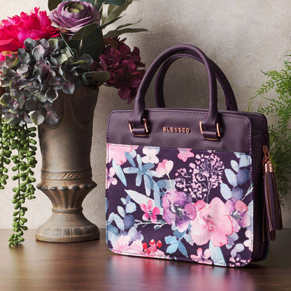 Christian Art Gifts - Blessed Purple Floral Faux Leather Purse-style Bible Cover