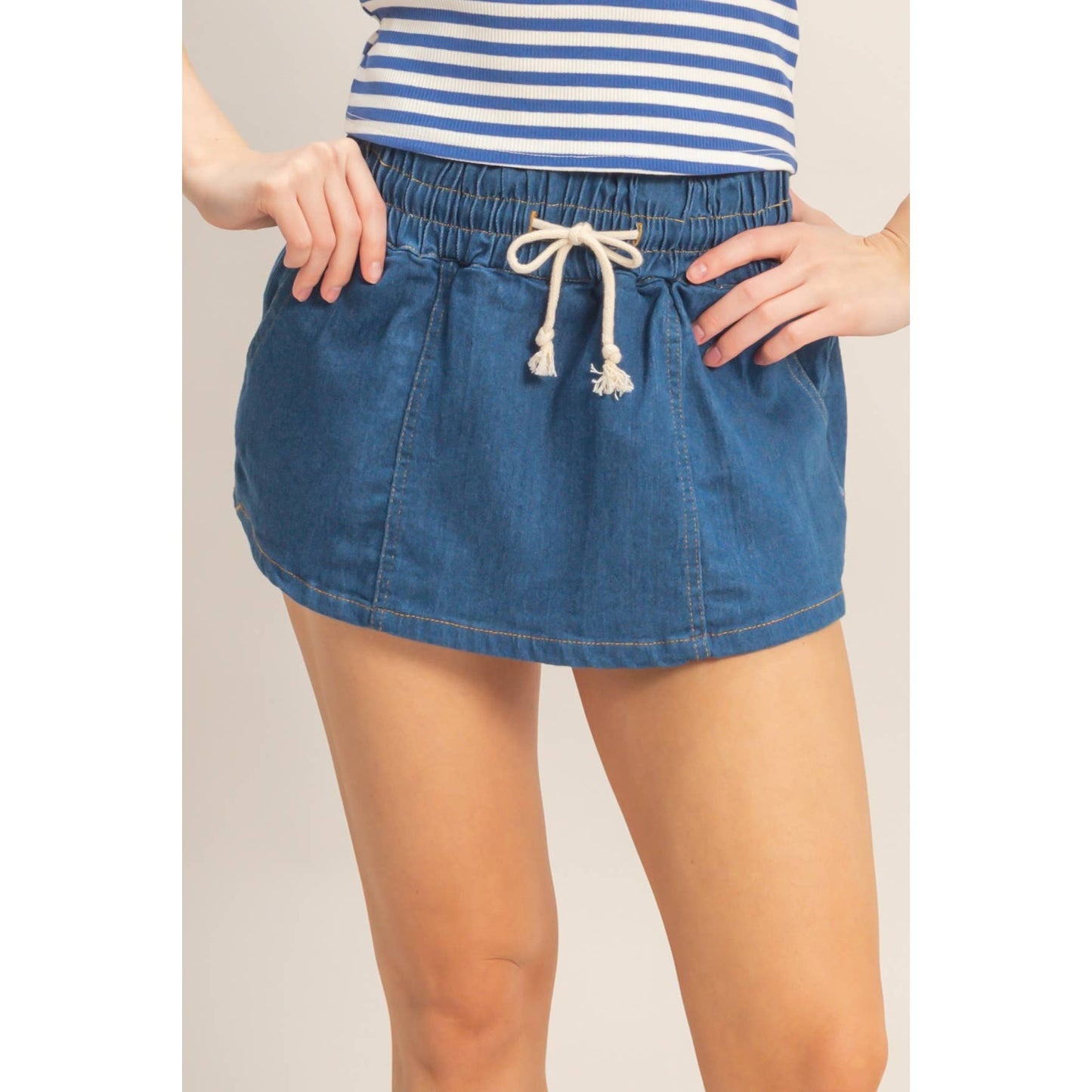 Drawstring Waist Denim Skort