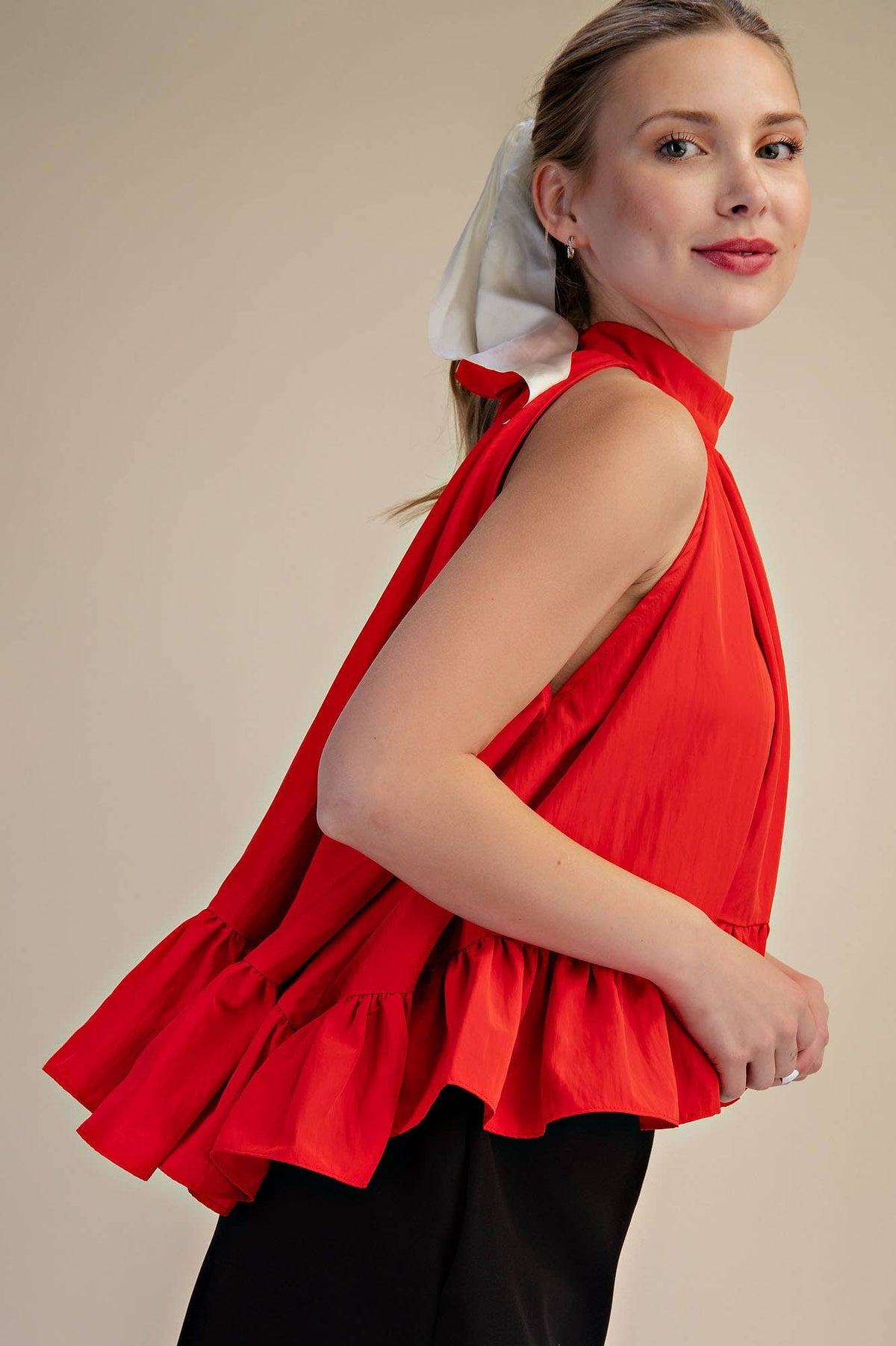 Glam - Halter Neck Sleeveless Back Neck Tie Ruffle Top