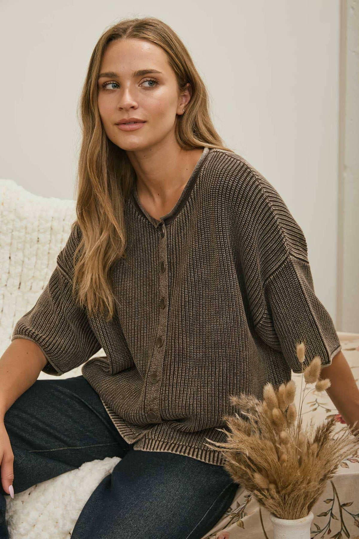 WASHED RIBBED SHORT SLEEVE ROLLED EDGE CARDIGAN