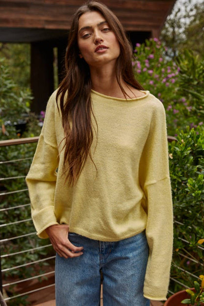 Banana Knit Sweater Rolled Round Neck Pullover Top