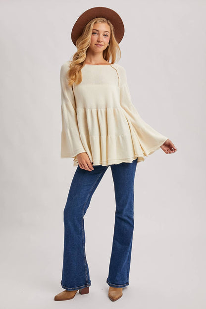 Bluivy - OVER STITCH TIERED BABY DOLL BELL SLEEVED SWEATER