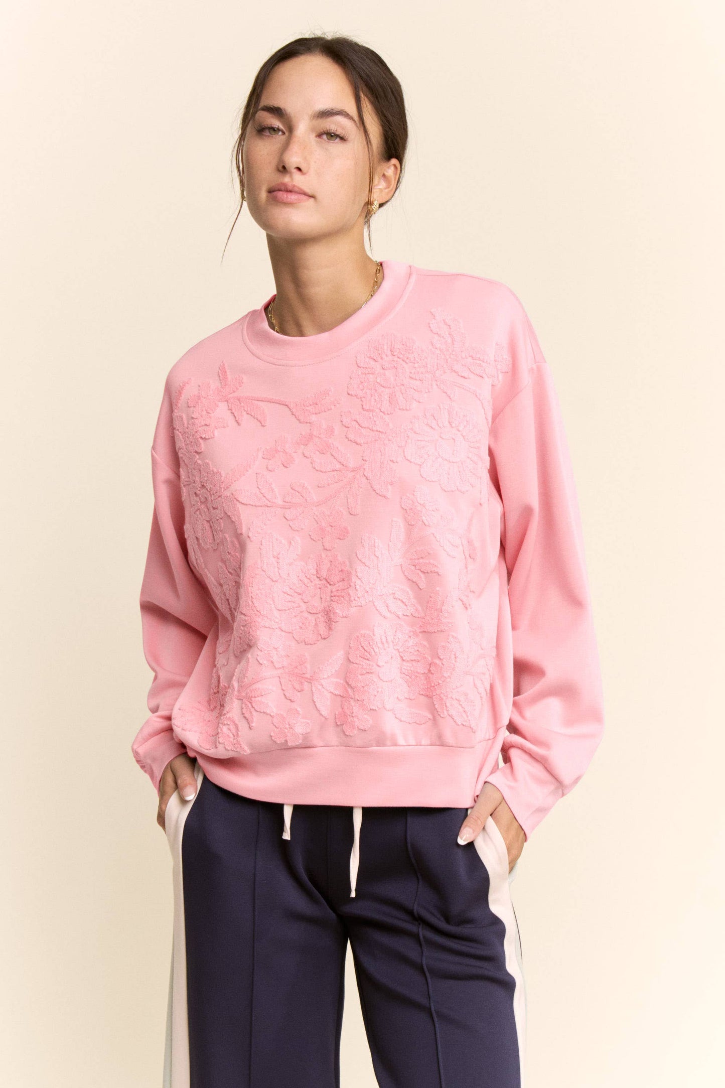 Davi & Dani - SHEER FLORAL FRONT EMBROIDERY ON SELF SWEATSHIRT