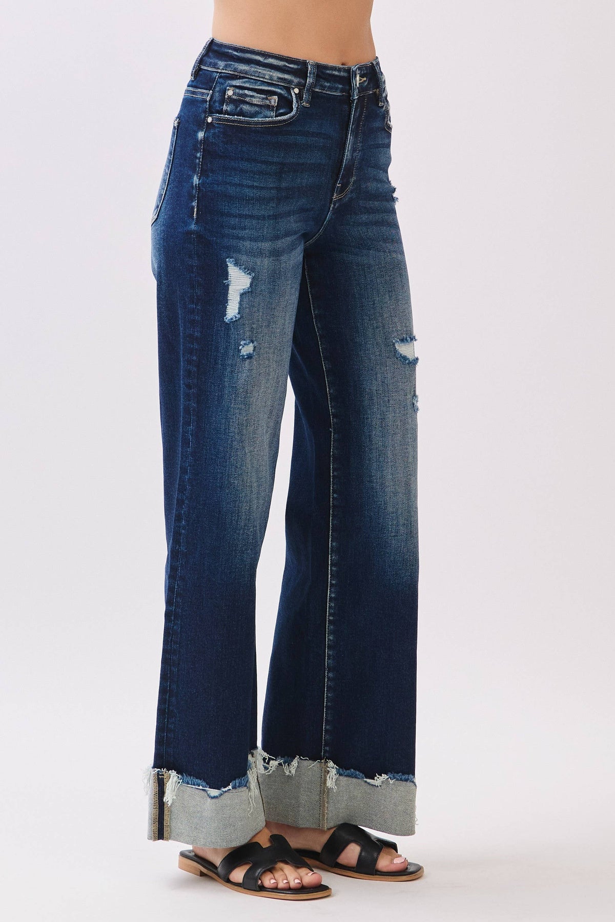 Petra153 - P1554W-DK HIGH RISE STRETCH WIDE LEG W/ CUFFED HEM JEANS